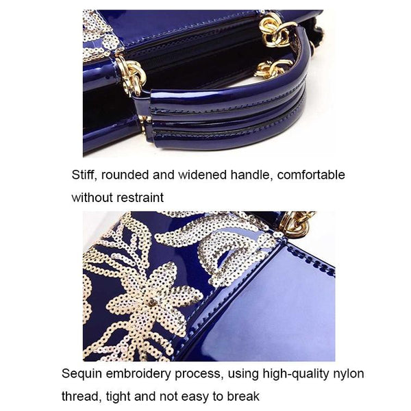 Patent Look PVC Shoulder Bag Handbag Floral Sequin Pattern Metal Accents Blue