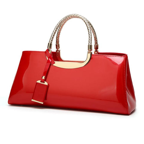Patent PU Leather Womens Handbag Metal Rope Look Handles Gold Trim Red