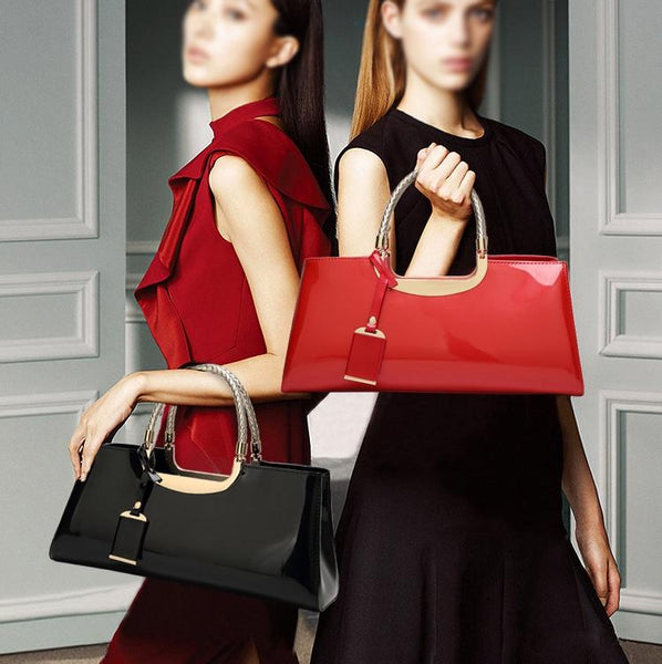 Patent PU Leather Womens Handbag Metal Rope Look Handles Gold Trim Red
