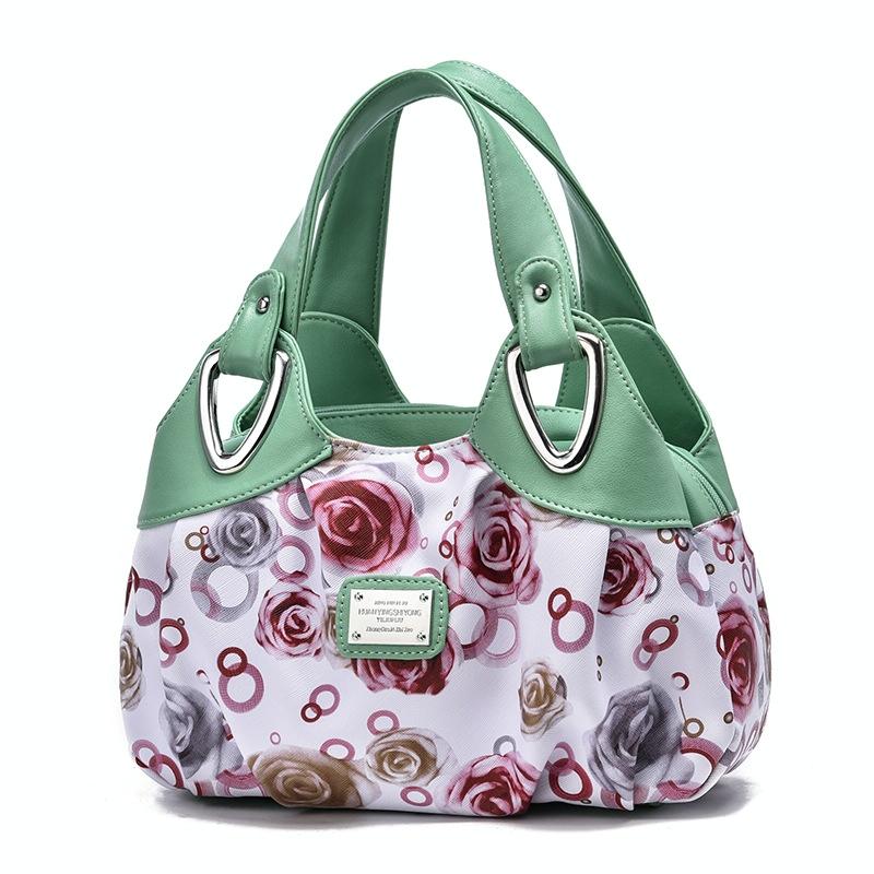 Faux PU Leather Slouchy Bucket Bag Handbag Multi Pocket Green Handle Roses