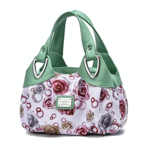 Faux PU Leather Slouchy Bucket Bag Handbag Multi Pocket Green Handle Roses