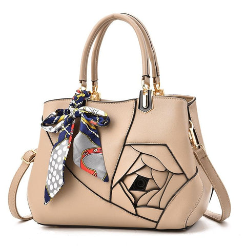 Faux PU Leather 3D Rose Design Tote Shoulder Bag Handbag Scarf Trim Khaki