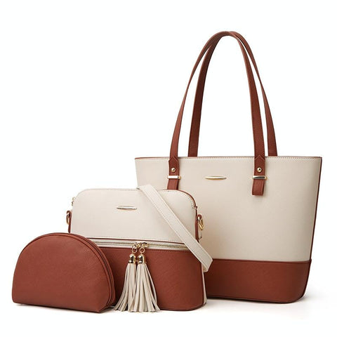 3Pce Faux PU Leather Tote Crossbody Shoulder Bag Handbag Coin Purse White Brown