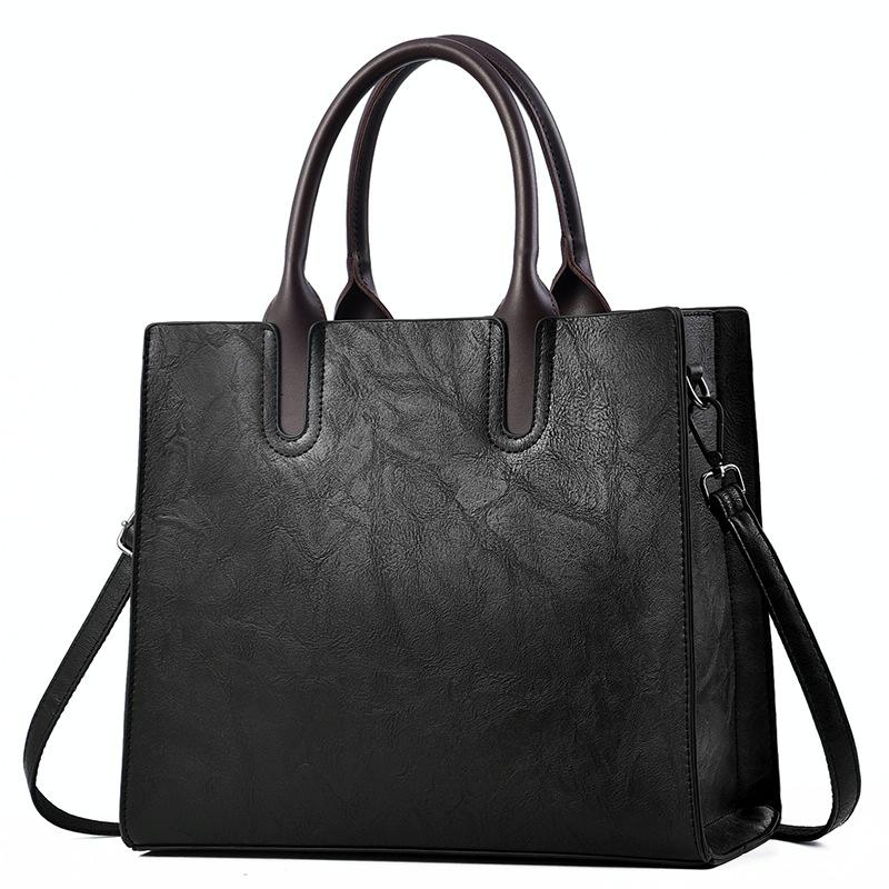 Classic Faux PU Leather Square Tote Bag Handbag Shoulder Strap Black
