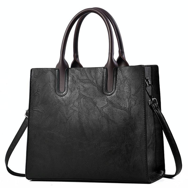 Classic Faux PU Leather Square Tote Bag Handbag Shoulder Strap Black