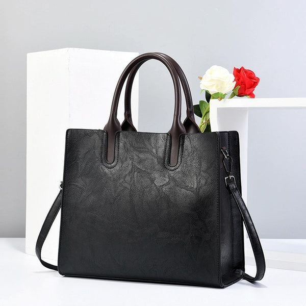 Classic Faux PU Leather Square Tote Bag Handbag Shoulder Strap Black