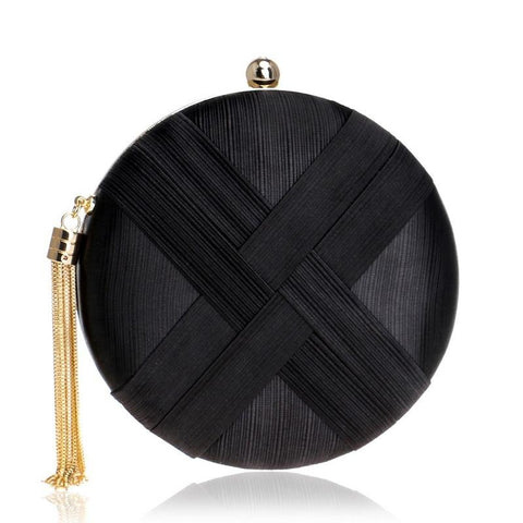 Faux Silk Round Evening Wedding Party Clutch Shoulder Bag Handbag Black