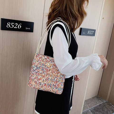 Woollen Knit Look Fabric Shoulder Bucket Bag Handbag Red