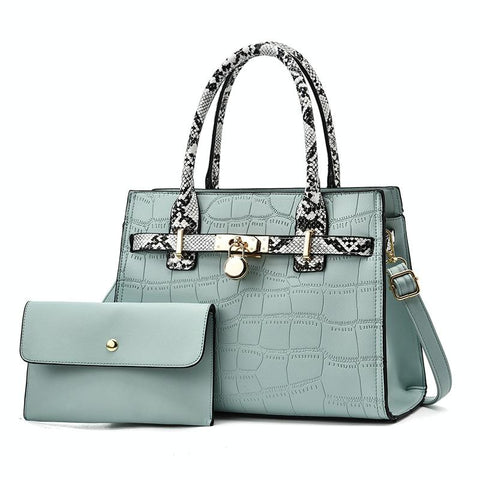 2 Pce Faux Crocodile PU Leather Tote Shoulder Clutch Bag Handbag Green Blue