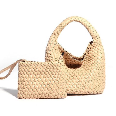 Woven Mini PU Leather Crossbody Shoulder Clutch Bag Handbag Set Apricot