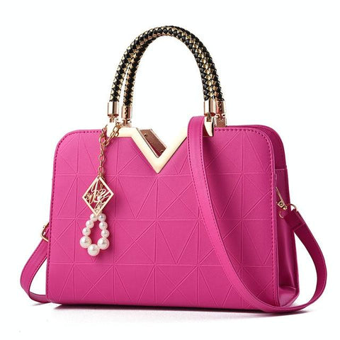 Faux PU Leather Crossbody Shoulder Bag Handbag V Top Faux Pearl Charm Rose Pink