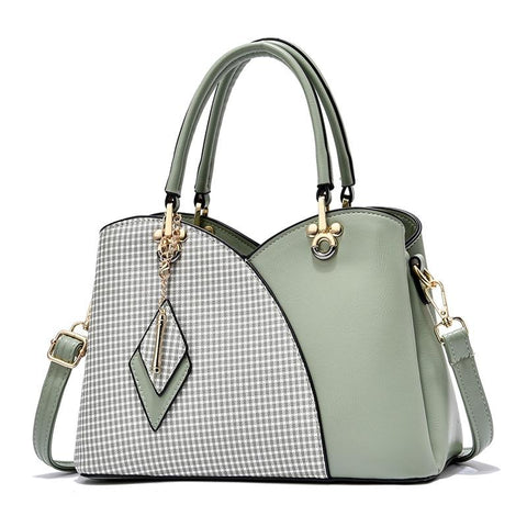 Faux PU Leather Tulip Top Checked Bucket Shoulder Bag Handbag Green