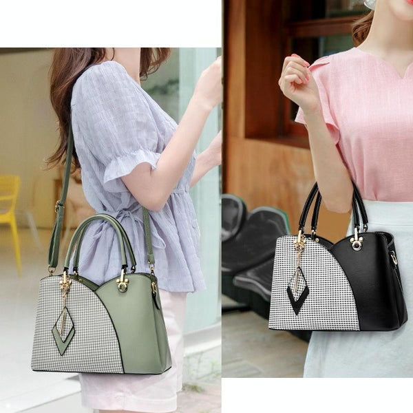 Faux PU Leather Tulip Top Checked Bucket Shoulder Bag Handbag Green