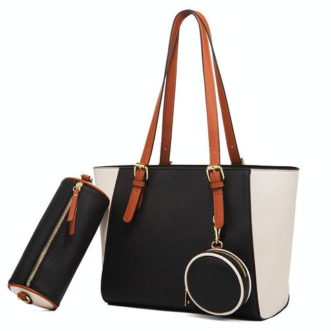 3 Pce Faux PU Leather Tote Shoulder Crossbody Bag Coin Purse Black White