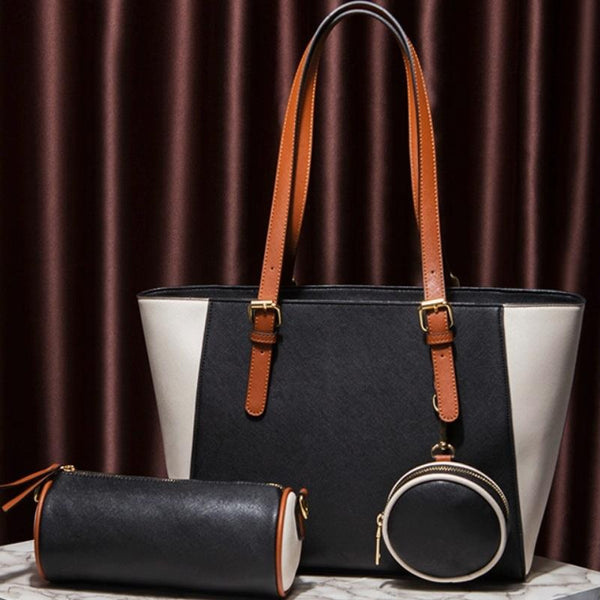 3 Pce Faux PU Leather Tote Shoulder Crossbody Bag Coin Purse Black White