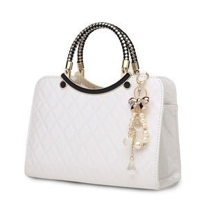 Diamond Quilted Pattern Faux PU Leather Handbag Ornament Charm Gold Trim White