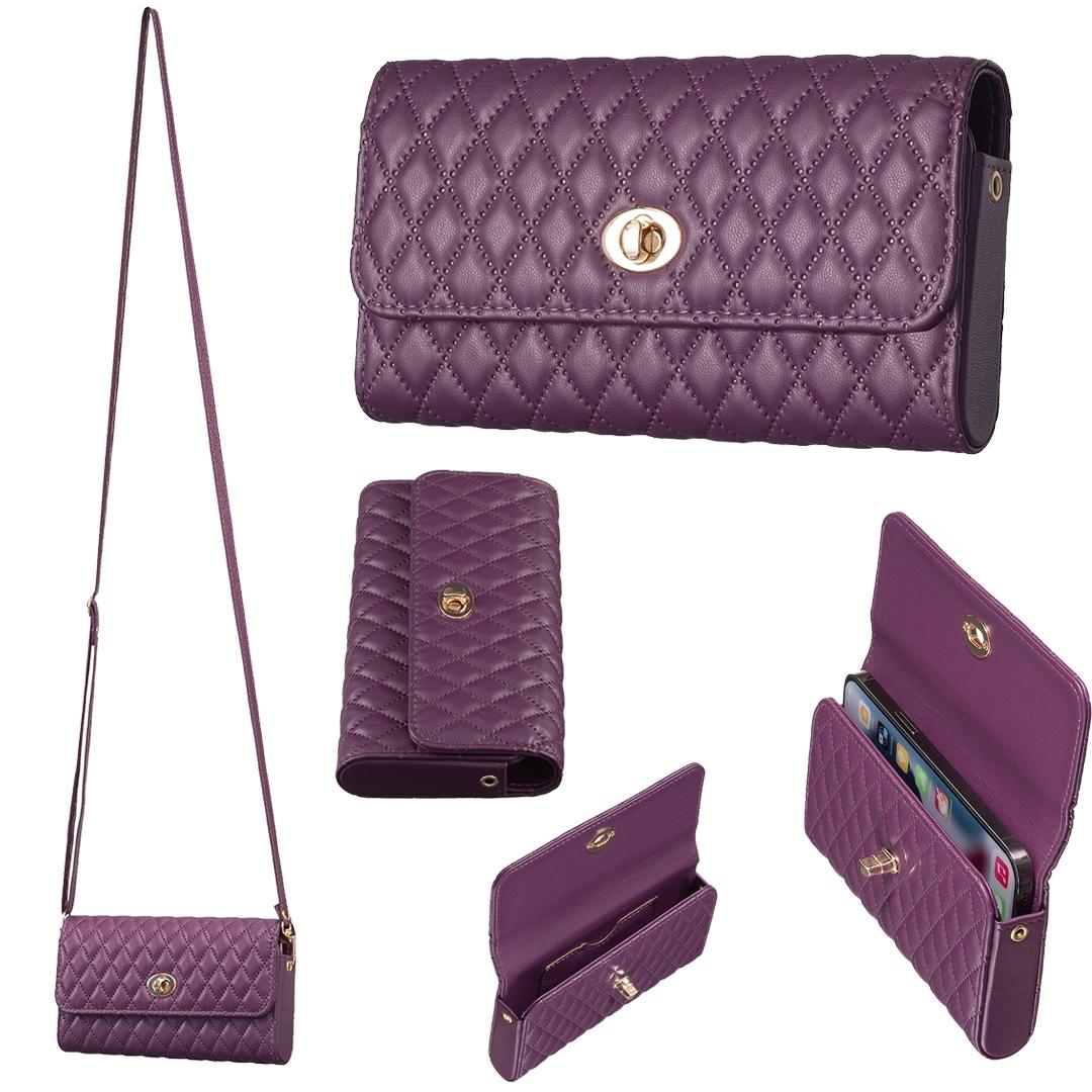 Faux PU Leather Quilted Crossbody Shoulder Clutch Bag Mobile Dark Purple
