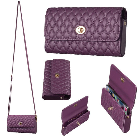 Faux PU Leather Quilted Crossbody Shoulder Clutch Bag Mobile Dark Purple