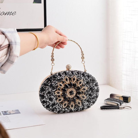 Beaded Crystal Evening Party Wedding Clutch Bag Handbag Sunflower Design Black