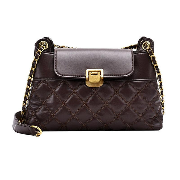 Faux PU Leather Rhombic Crossbody Shoulder Bag Chain Strap Coffee Brown