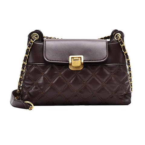 Faux PU Leather Rhombic Crossbody Shoulder Bag Chain Strap Coffee Brown