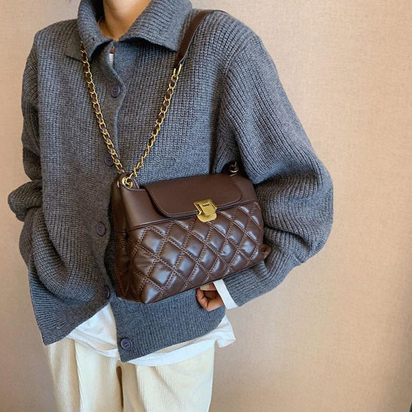 Faux PU Leather Rhombic Crossbody Shoulder Bag Chain Strap Coffee Brown