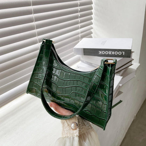 Small Square Stone Pattern PU Leather Underarm Shoulder Bag Handbag Green