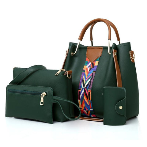 4 Piece PU Leather Tote Shoulder Clutch Bag Handbag Wallet Purse Set Green