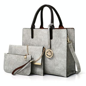3 Pce Faux PU Leather Tote Crossbody Shoulder Clutch Bag Pouch Grey