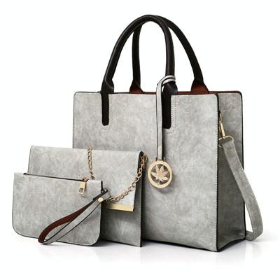 3 Pce Faux PU Leather Tote Crossbody Shoulder Clutch Bag Pouch Grey