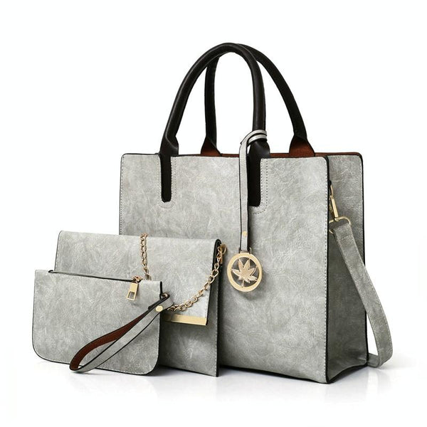 3 Pce Faux PU Leather Tote Crossbody Shoulder Clutch Bag Pouch Grey