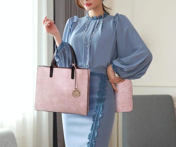 3 Pce Faux PU Leather Tote Crossbody Shoulder Clutch Bag Pouch Grey