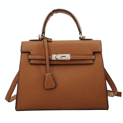 Classic Design Inspired Faux PU Leather Shoulder Bag Handbag Gold Trim Brown