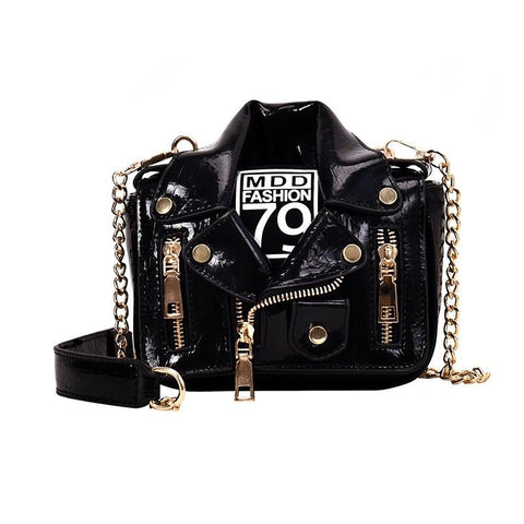 Faux PU Leather Biker Jacket Style Crossbody Shoulder Bag Handbag Black
