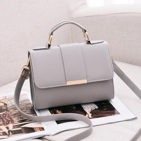Faux PU Leather Top Handle Flap Shoulder Bag Handbag Gold Accents Grey