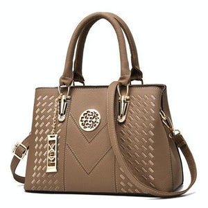 Embroidered Gold Trim Accent PU Leather Crossbody Bag Handbag Khaki