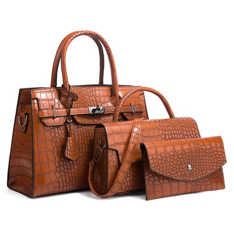 3 Pce Faux PU Crocodile Crossbody Shoulder Tote Purse Bag Set Brown