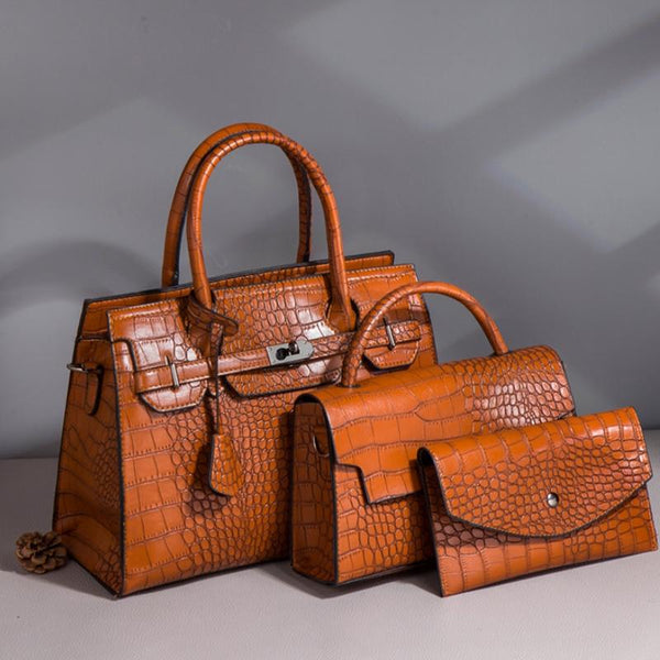 3 Pce Faux PU Crocodile Crossbody Shoulder Tote Purse Bag Set Brown