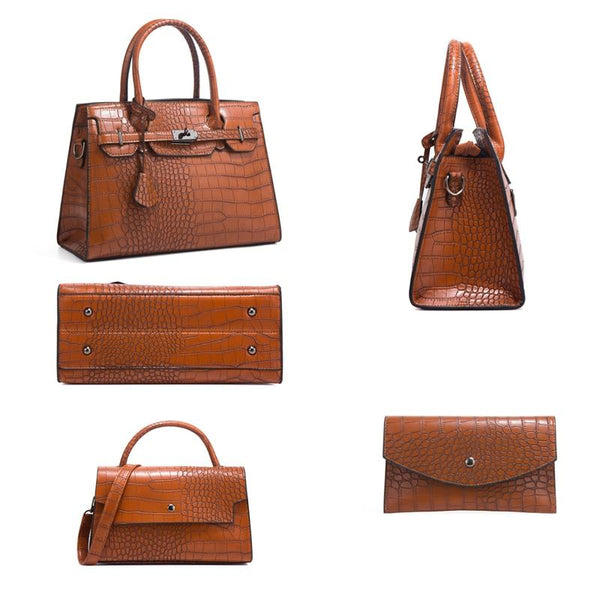 3 Pce Faux PU Crocodile Crossbody Shoulder Tote Purse Bag Set Brown