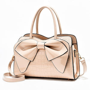 Faux Patent Crocodile PU Leather Womens Shoulder Bag Handbag Bow Design Khaki
