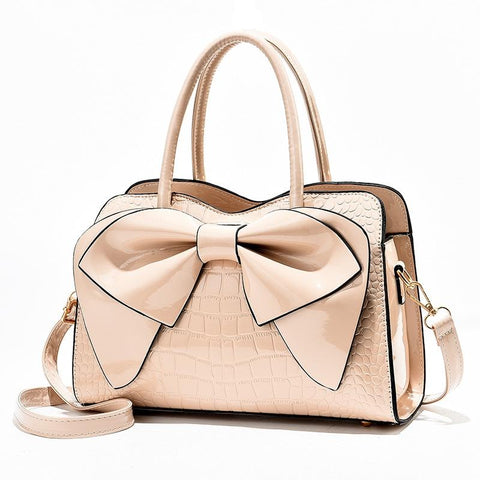 Faux Patent Crocodile PU Leather Womens Shoulder Bag Handbag Bow Design Khaki