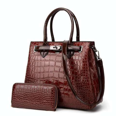 2 Pce Faux Patent Crocodile PU Leather Tote Shoulder Bag Handbag Wallet Brown