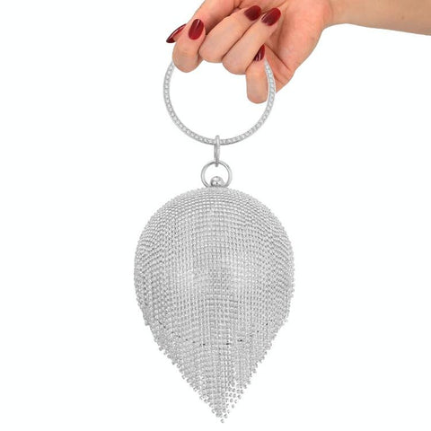 Ball Sphere Rhinestone Crystal Tassel Evening Wedding Party Bag Handbag Silver