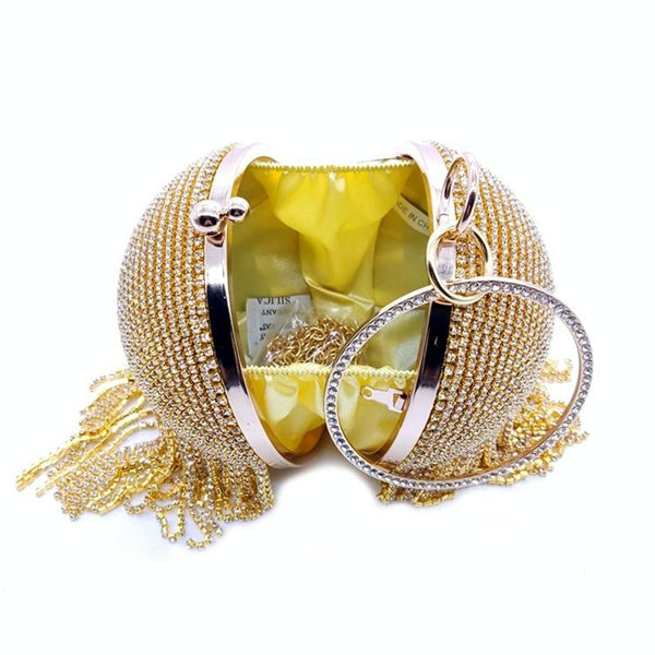 Ball Sphere Rhinestone Crystal Tassel Evening Wedding Party Bag Handbag Silver