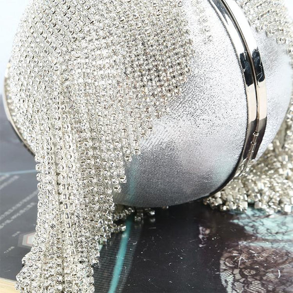Ball Sphere Rhinestone Crystal Tassel Evening Wedding Party Bag Handbag Silver