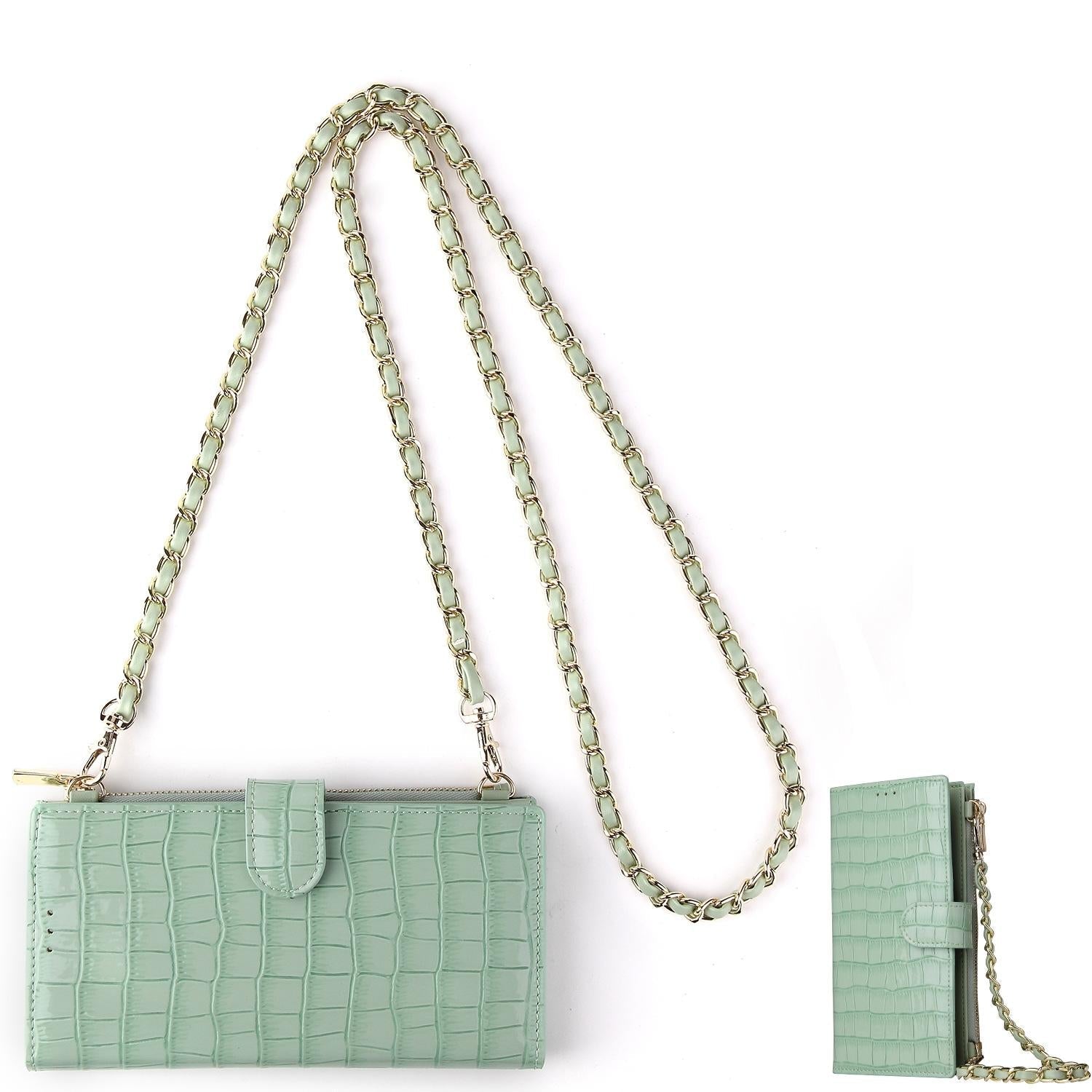 Faux PU Leather Crocodile Crossbody Shoulder Bag Chain Straps Light Green