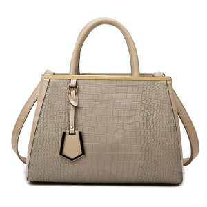 Faux Crocodile PU Leather Tote Shoulder Bag Handbag Multi Pocket Gold Trim Khaki