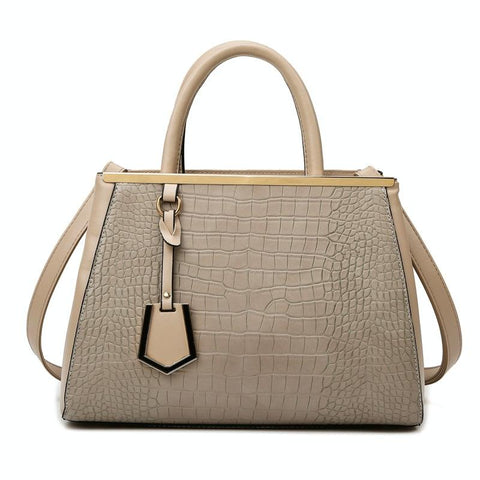 Faux Crocodile PU Leather Tote Shoulder Bag Handbag Multi Pocket Gold Trim Khaki
