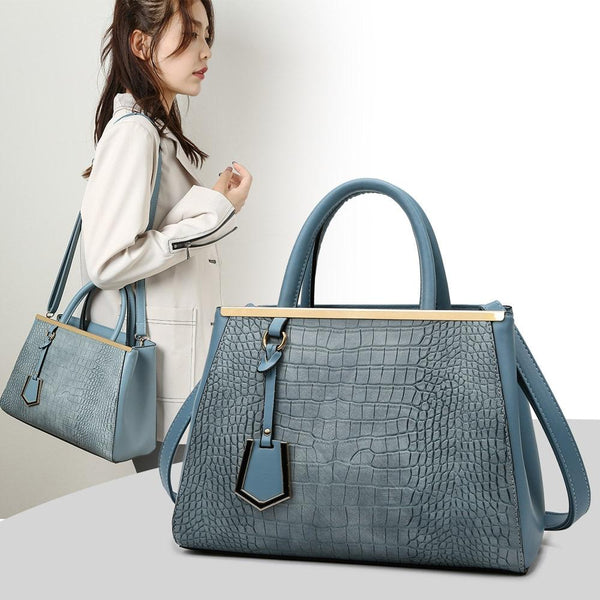 Faux Crocodile PU Leather Tote Shoulder Bag Handbag Multi Pocket Gold Trim Khaki