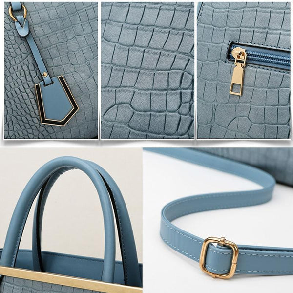 Faux Crocodile PU Leather Tote Shoulder Bag Handbag Multi Pocket Gold Trim Khaki